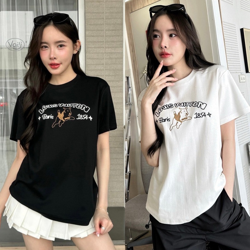 (จัดส่งตลอด 24 ชั่วโมง）OOOK Official LV " เสื้อยืด แบรนด์ดัง ดีเทล งานปัก รูปหมา