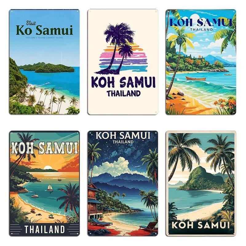 พลาสวูดภาพพิมพ์แบบดีไซเนอร์ เกาะ Koh Samui สไตล์ป้ายภาพยนตร์ สำหรับตกแต่งผนังบ้านหรือธุรกิจ
