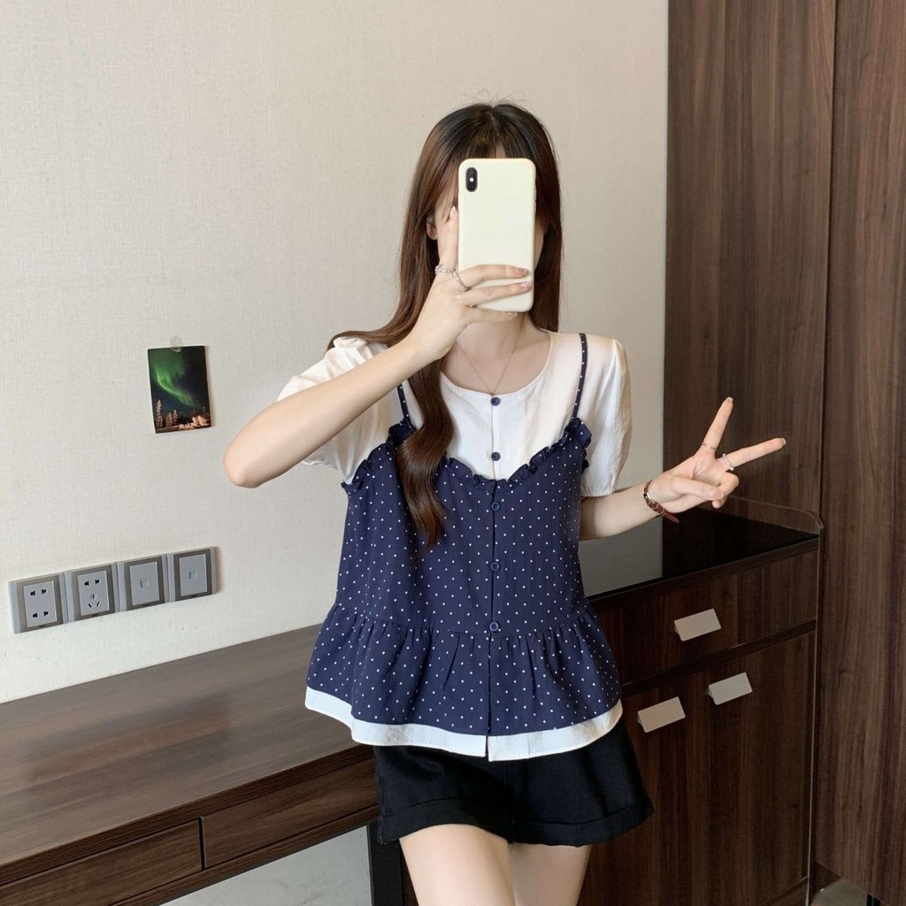 เสื้อแขนสั้นลายจุดสำหรับผู้หญิง แบบแฟชั่นสีฟ้าขนาดใหญ่ ช่วยปกปิดหน้าท้อง ใส่สบายในฤดูร้อน