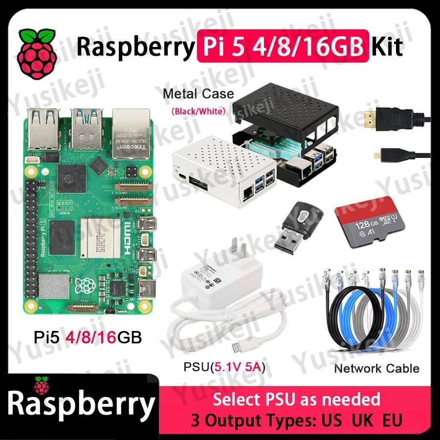 บอร์ดและชุด Raspberry Pi 5 4/8/16GB สามารถเลือกบอร์ด Pi5 4/8/16GB + เคส HDMI + โลหะ + 128GB TF Card 