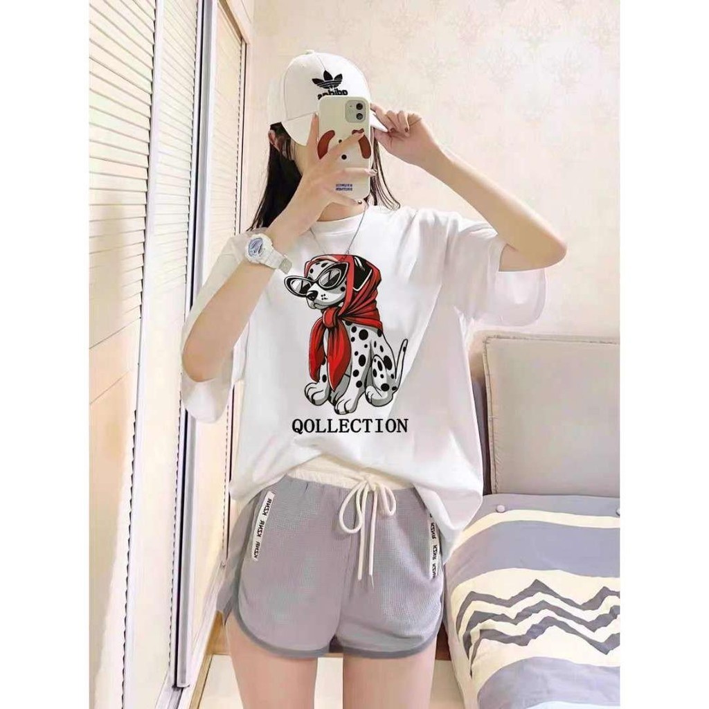 (จัดส่งตลอด24 ชั่วโมง)เสื้อยืดฟอก oversize เสื้อยืด เสื้อยืดขาวผู้หญิง ลายน้องหมาใส่แว่น Qollection