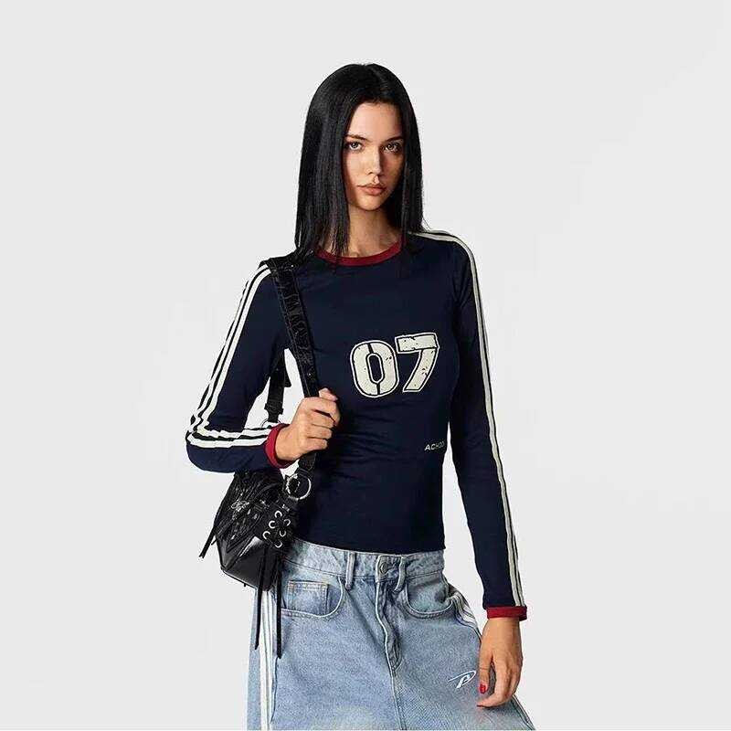 ▥ Vintage Patchworkผ้าฝ้ายผู้หญิงเสื้อt Y2k Hip Hop Streetwear Slimหญิงด้านบนharukuแขนยาวoคอทั้