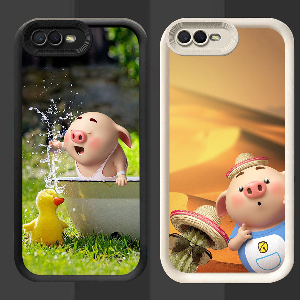 R49 ปลอกหมูน่ารักสําหรับ OPPO A37 A12E Realme C2s C2 A83 A39 A3S A5 A1K สีดําและสีขาว