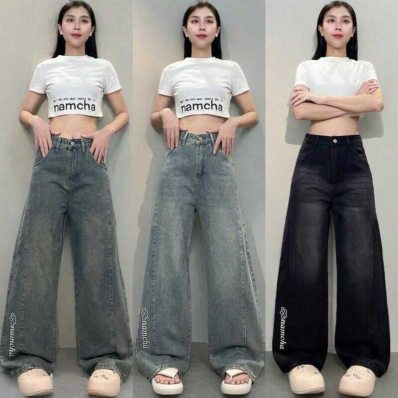 NAMCHA กางเกงยีนส์เอวสูงทรงกระบอกกลาง ปักnamcha ปลายขา 311 314 312 370