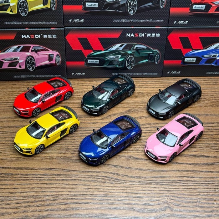 Maxdi 1: 64 Audi R8 V10 2022 สีดําสีแดงสีเขียวสีเหลืองชมพูฟ้ารุ่นรถคอลเลกชันเครื่องประดับ