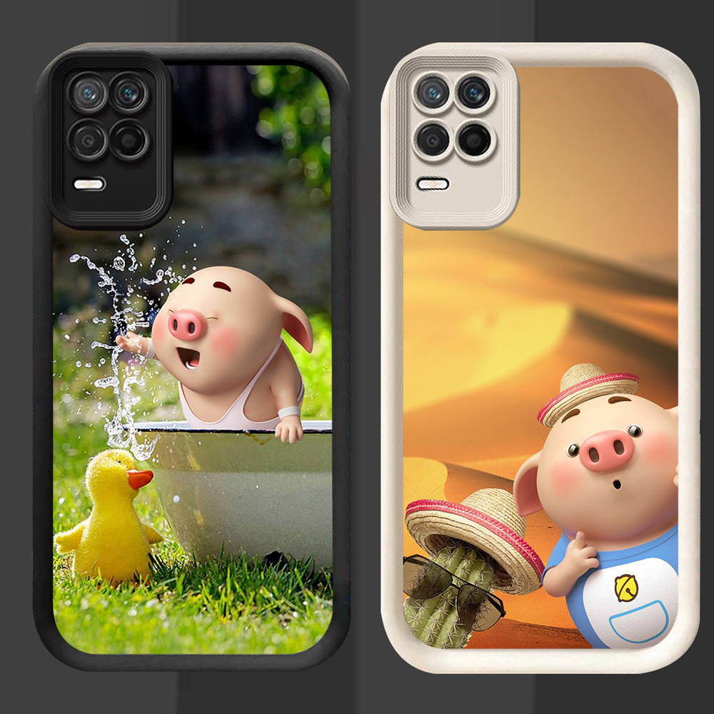 R49 ปลอกหมูน่ารักสําหรับ Realme 8S 8 Pro OPPO A54 5G สีดําและสีขาว