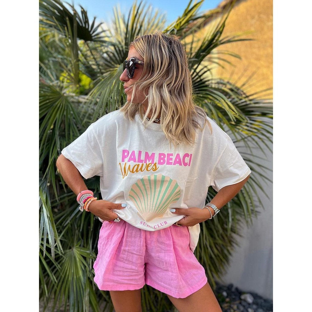 Papaya เสื้อยืด Oversize สกรีนลาย "Palm Beach Waves" เสื้อผ้าแฟชั่นสไตล์ลำลอง WS1142 Clothing Lady