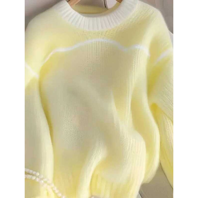 ▥  แฟชั่นสีเหลืองหวานเสื้อกันหนาวผู้หญิงสบายๆหลวมถักจัมเปอร์เกาหลีแขนยาว O คอ Patchwork Pul