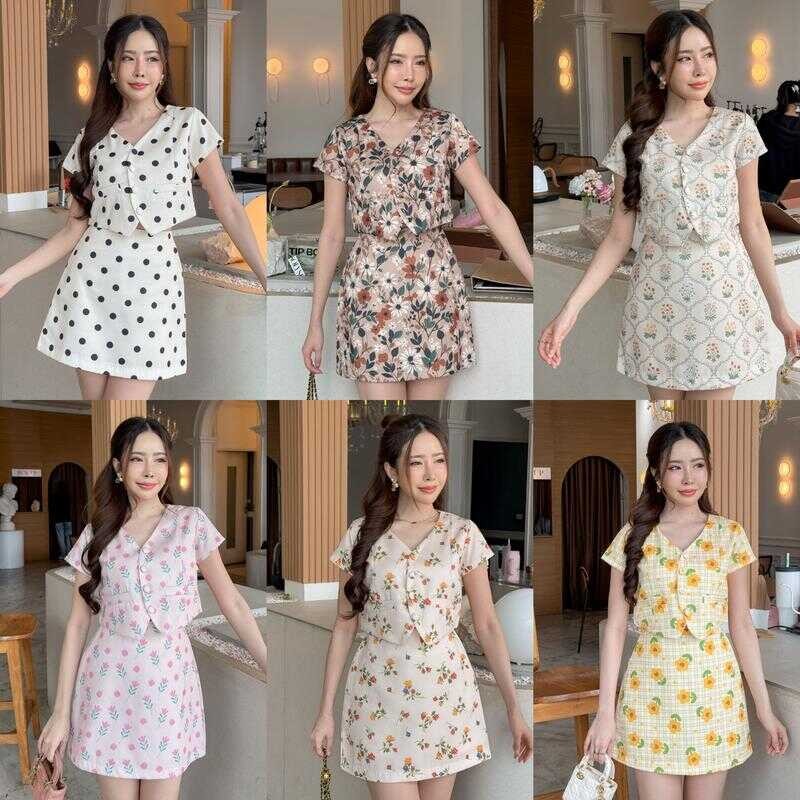 [S-3Xl] ชุดเซ็ทเสื้อครอปชายวีกระโปรงสั้นผ้าลายดอก 333