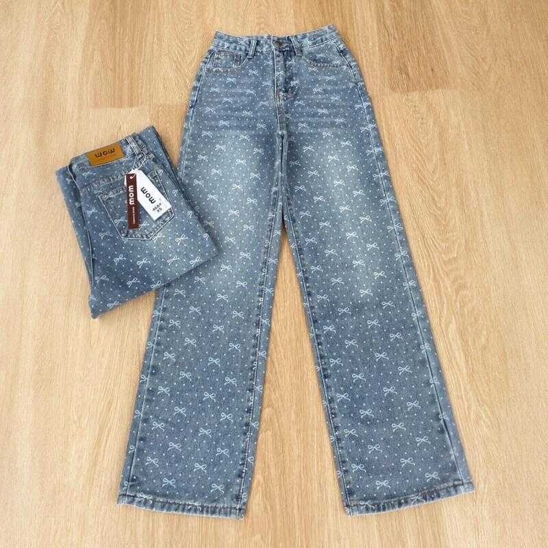 กางเกงยีนส์กระบอกกลางเอวสูงผ้าไม่ยืดผ้าพิมพ์ลาย P348 (468) Ec4