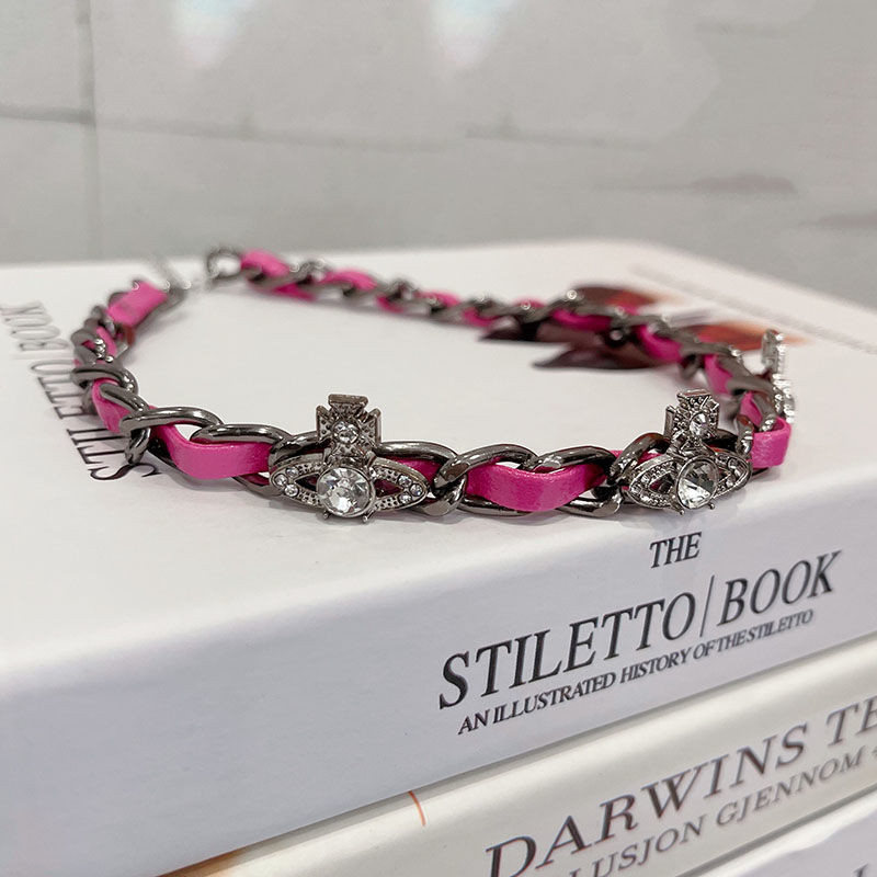 Vivienne Westwood Retro Saturn เพชรสร้อยคอโซ่หนาหนังเชือก Choker Collar Ins Hip Hop Y2k สาวร้อน Cl