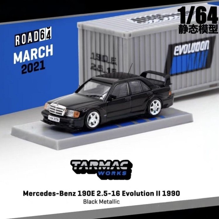 คลังสินค้าพร้อม 190E 2.5-16 EvoII สีดําพร้อมภาชนะ TARMAC TW 1/64 Benz Car Model