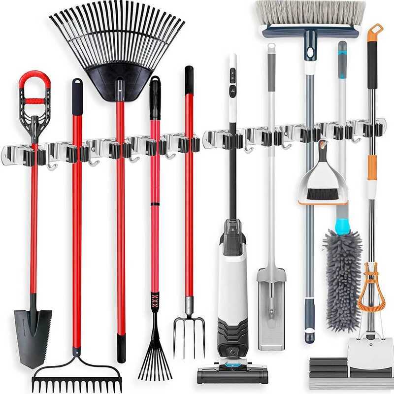 C Stainless Steel Mop And Broom Holder Wall Mounted Multi-Functional Bathroom Kitchen Storage Rack