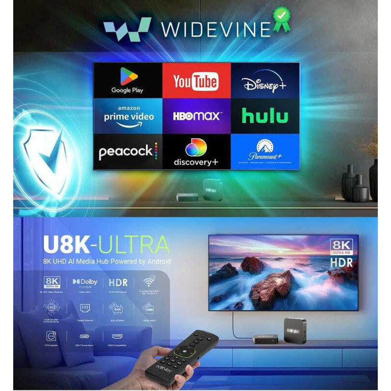▥ MINIX U8k กล่องทีวี Android Streaming Media A3,กีฬาสด, Dolby Vision-Atmos, AI Picture Enhance