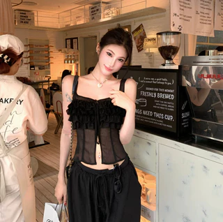 Lace Hollow Stitching Ruffled Laced-Up Slim-Fit เสื้อแขนกุด 102405