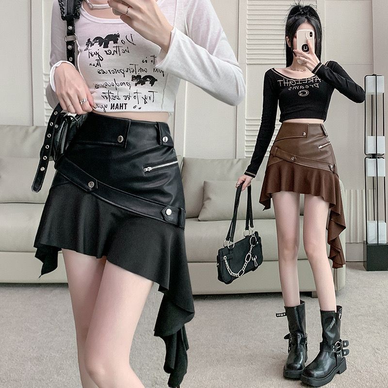 กระโปรงหนังPU สีกาแฟ ทรงA-line เอวสูง ดีไซน์เพิ่มความเรียวยกทรงใหม่สำหรับผู้หญิง