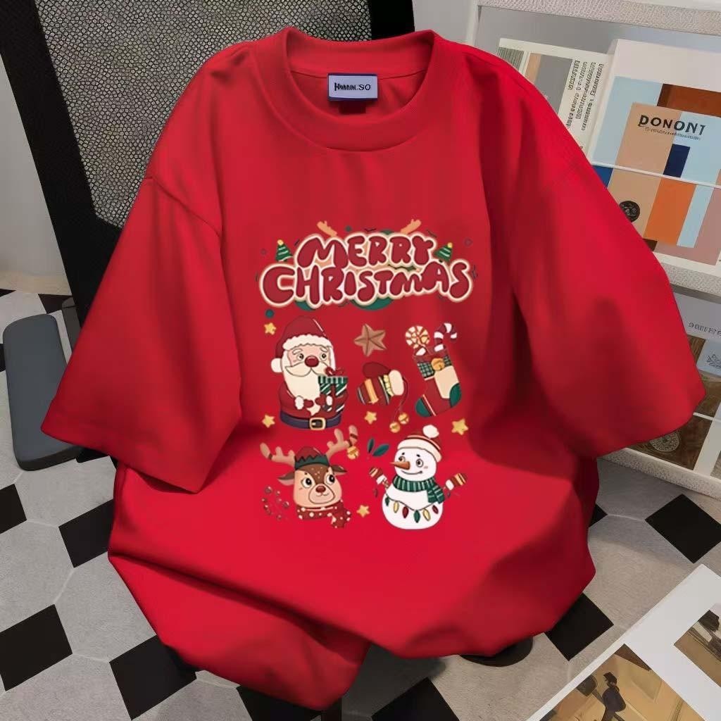 Papaya เสื้อยืด Oversizeลาย "Merry Christmas" เสื้อยืดคริสต์มาส สไตล์เทศกาล ใส่ได้ทั้งผู้ชายและผู้ห