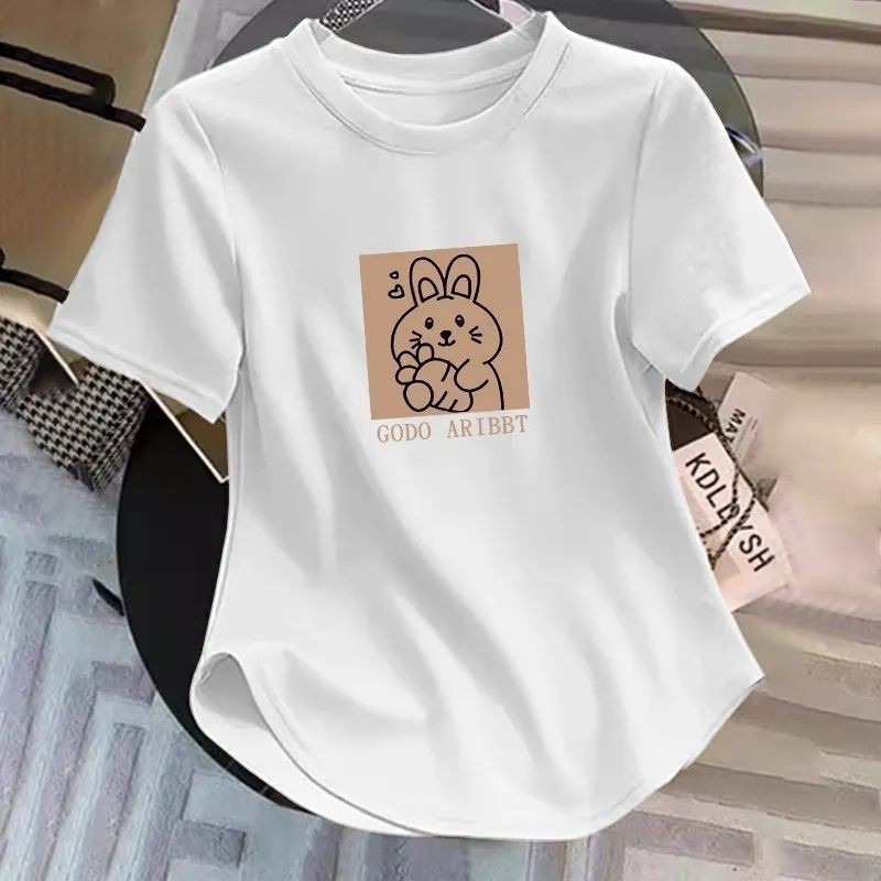 SeptemberS-2xl เกลียวด้านหน้าไหล่ Slim-fit เสื้อยืดแขนสั้นรอบ Arc Hem Slimmer ดูด้านบนทั้งหมด-