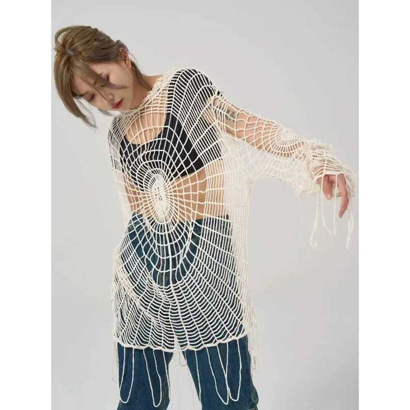 ▥ Y2k Hollow Outถักผู้หญิงhooded Tops Gothic Spider