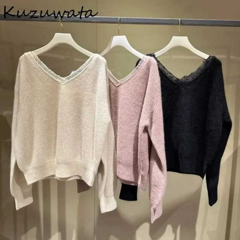 ❥ Kuzuwata Moda หวาน V คอยาวแขนยาวลูกไม้ถัก Patchwork หลวมทั้ง