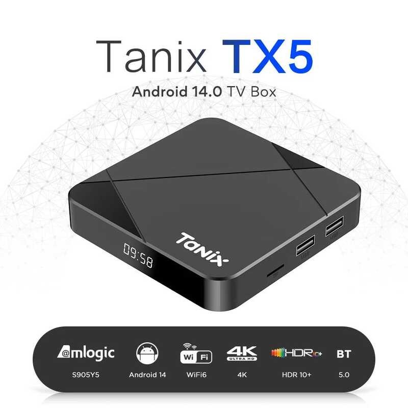▥ Original Tanix Tx5 Android14 กล่องทีวี Amlogic S905y5 Quad Core 16/32/64Gb Av1 BT 2.4G และ 5G