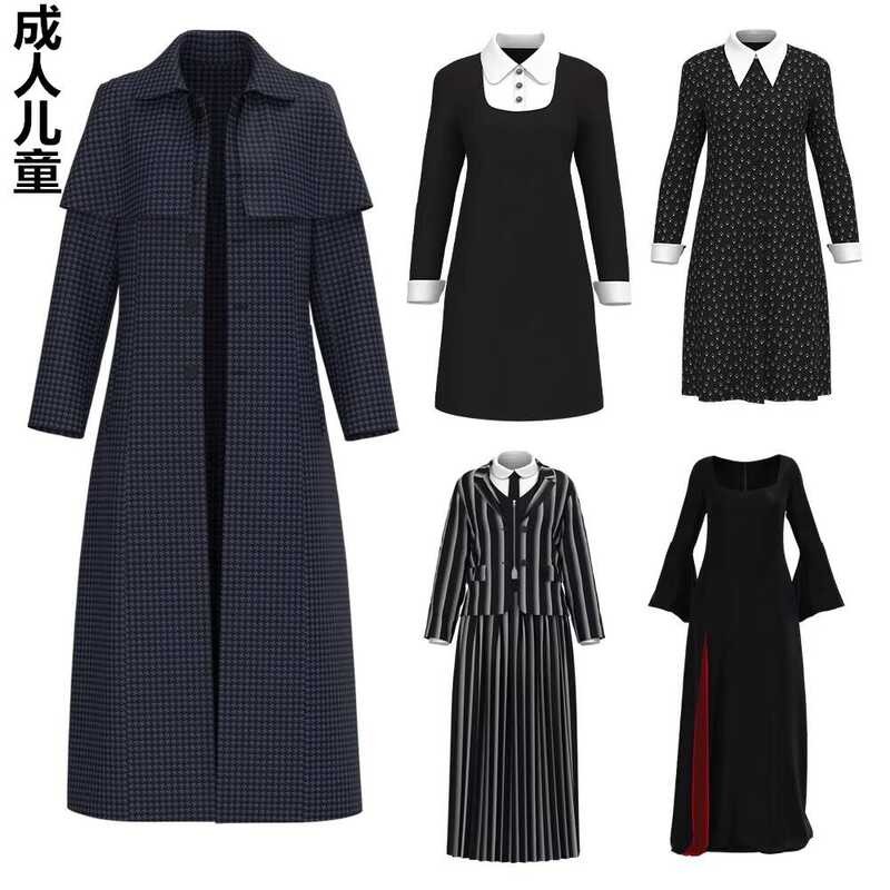 ชุดฮาโลวีนครอบครัววันพุธ สีดำ สำหรับทั้งผู้ใหญ่และเด็ก Adams Family Costume