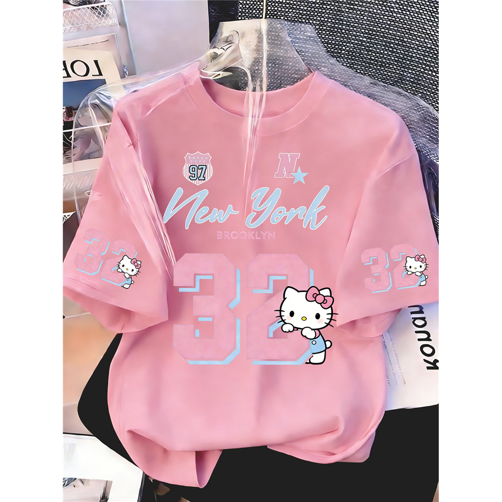[Sanrio] "เบสบอลหวานเย็น!สวัสดี คิตตี้ นิวยอร์ก เบอร์ 32 รูปแบบย์สุภาพสตรีรอบคอแขนสั้นเสื้อยืดฤดูใบไม้ผลิฤดูร้อนสบายๆสบาย ๆ ติดตั้ง