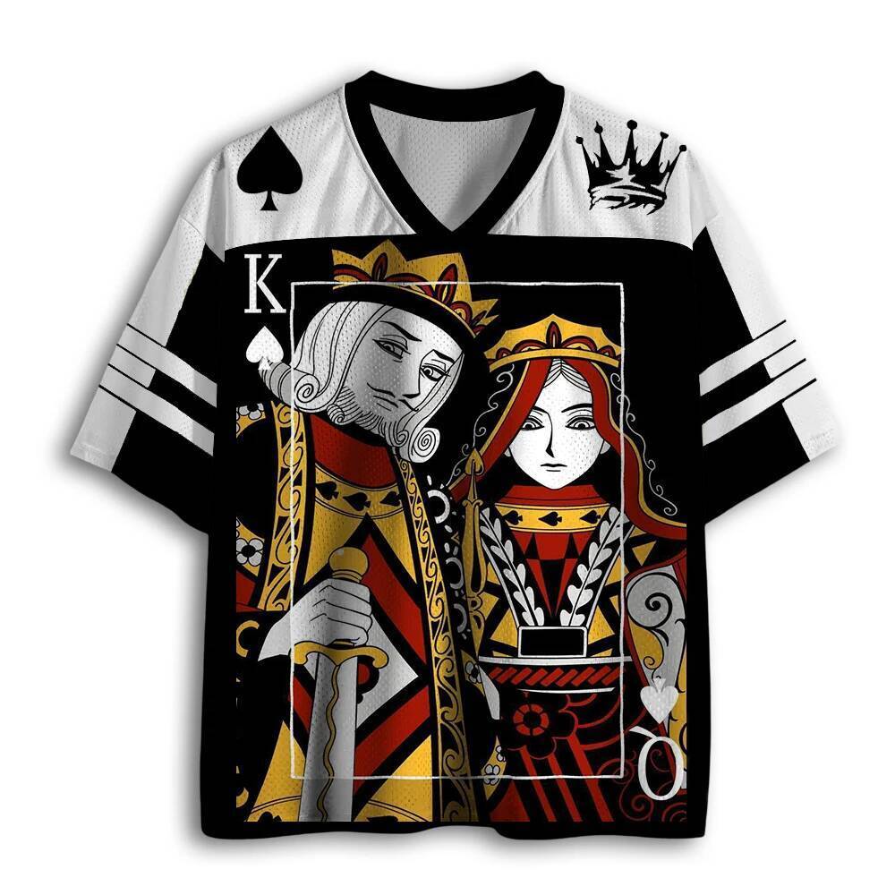 Poker King Queen Spades พิมพ์เสื้อตาข่าย Retro การ์ดเกมรูปแบบ V คอแขนสั้นเสื้อยืดสําหรับผู้ใหญ่และเด็ก