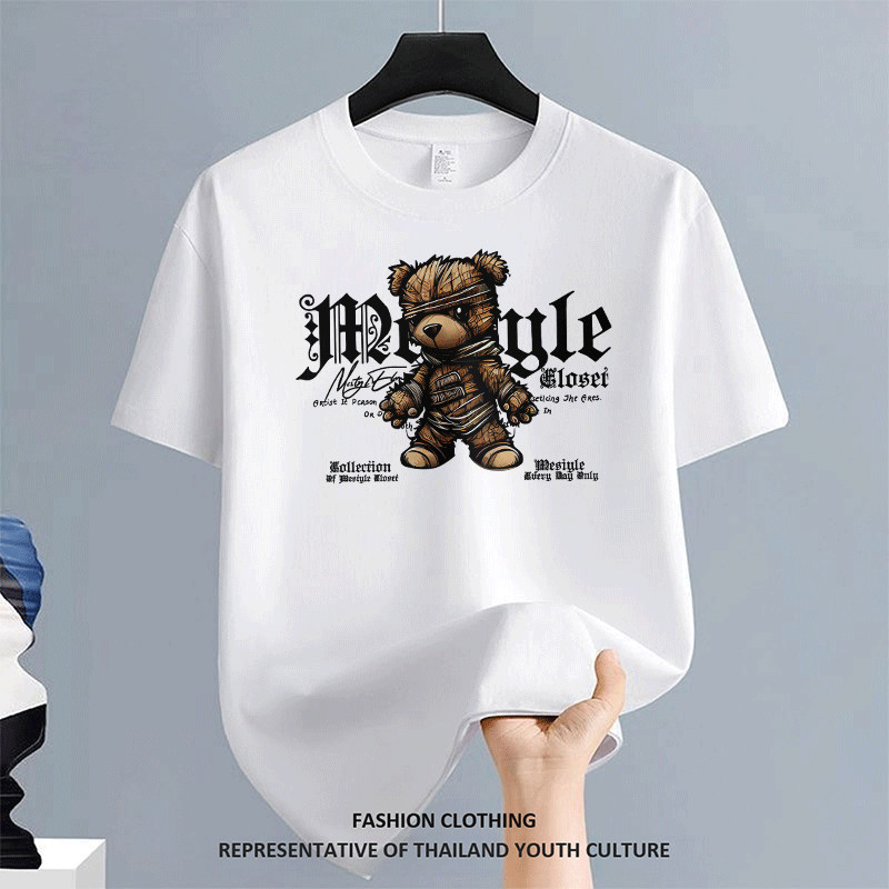 ผู้ชาย CASUAL เสื้อยืดผู้ชาย FASHION สีดําแขนสั้น OVERSIZE COOL วินเทจ คอกลม เสื้อยืด สีขาว-ดำ ลายการ์ตูน สตรีทแฟชั่น