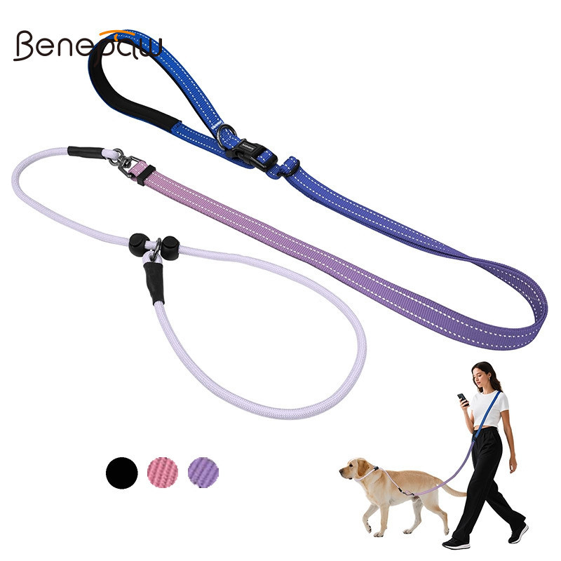 Benepaw Slip Lead สายจูงสุนัขแฮนด์ฟรีเชือกปรับได้ปลอกคอป้องกันการดึงควบคุมสะท้อนแสงความปลอดภัย Tangle Proof สําหรับการฝึกอบรม Walks Runs