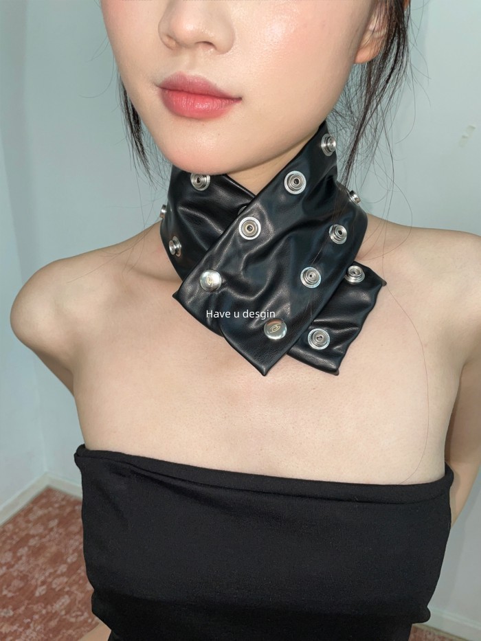 มี u desgin y2k Punk Style Hot Girl Black Wide-Brimed Leather Clavicle Chain