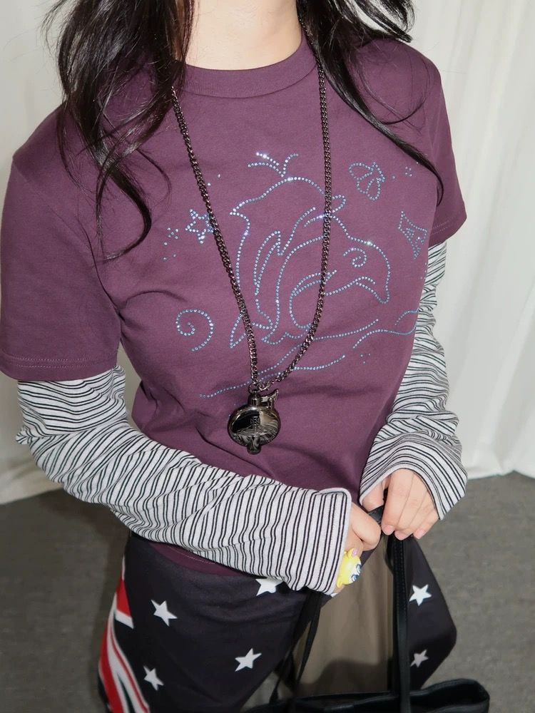 เสื้อยืดผู้หญิงแขนยาว เพชรร้อนปลอม สไตล์อเมริกันย้อนยุค ฟอร์มสลิม.fit สำหรับฤดูใบไม้ร่วง