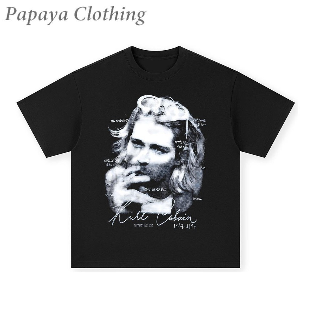 Papaya เสื้อยืด Oversize แนววินเทจลาย "Kurt Cobain" เสื้อยืดฮิปสเตอร์ เสื้อวงร็อค เสื้อยืดผู้ชายและ