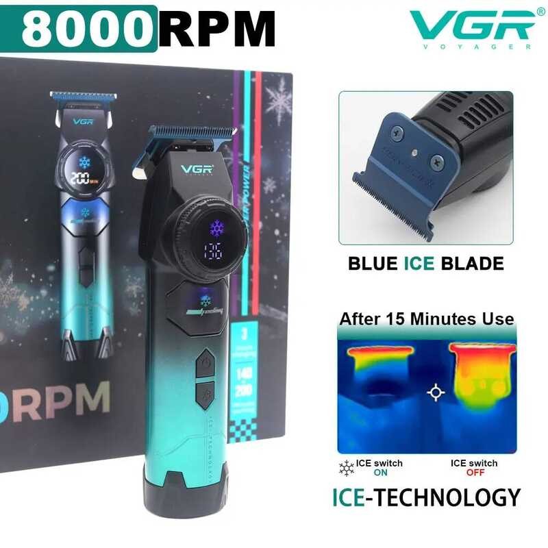 VGR V-946 Tech Trimmer hine DLC T Blade Zero Gap 8000RPM โลหะไร้แปรงเซรามิคสีฟ้าต่อสําหรับตัดผมตัดผม