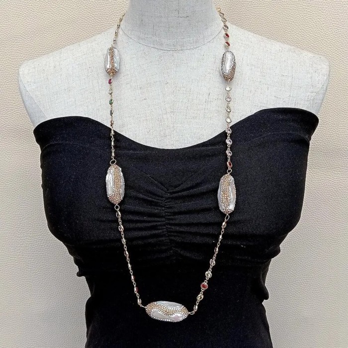 YYING 34\" Cultured White Biwa Pearl Multi Color Cz Pave Rosary Chain Long Necklace n#tuw AQZ