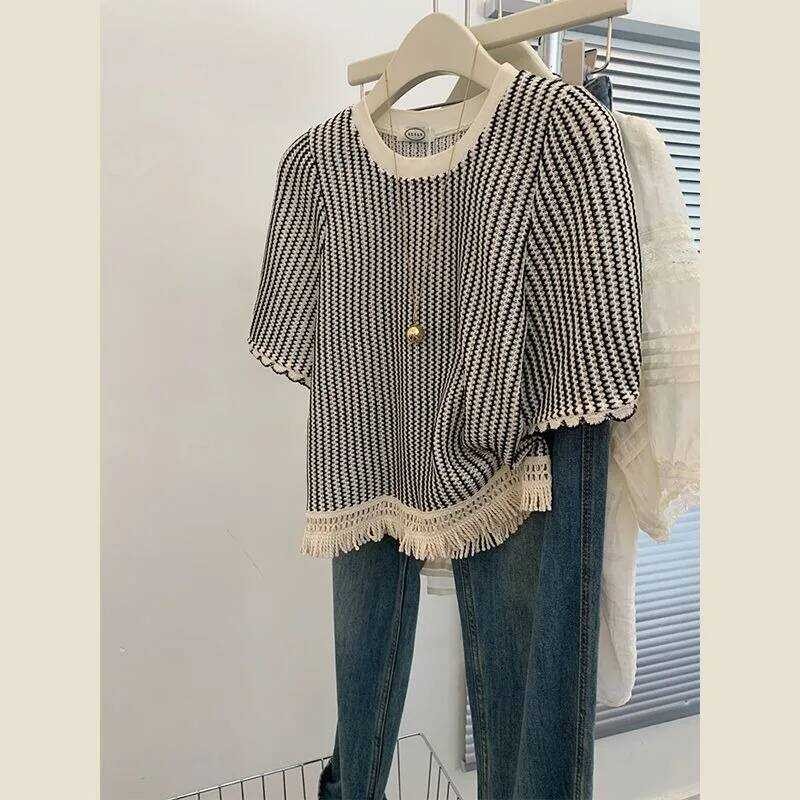 ▥ OVERSIZE สีดําสีขาวลายเสื้อยืด 2025 ฤดูร้อนใหม่พู่สําหรับผู้หญิง Y2k O-คอสั้นแขนหลวม TEE เสื้