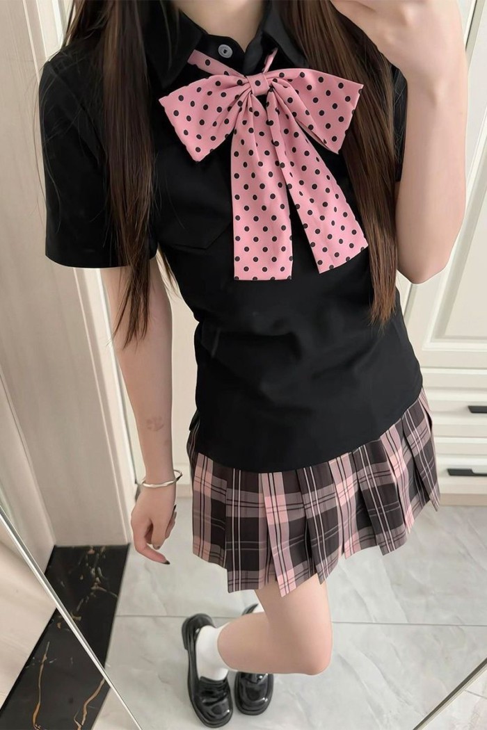 Jk Japanese Uniform College เสื้อโปโลสีดําพร้อมกระโปรงจีบโรงเรียนแขนสั้น Soft Girl