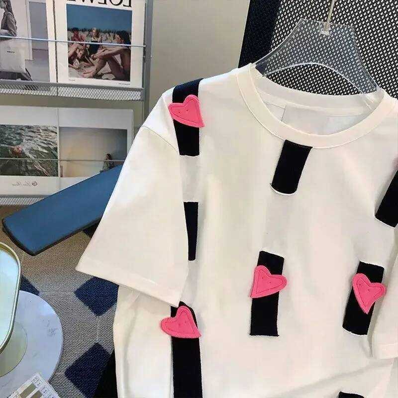 ▥ Contrast Heart Ropa Mujer รอบคอแขนสั้นเสื้อผ้าหลวมสบายๆเสื้อผ้าผู้หญิงเสื้อแฟชั่นฤดูร้อนใหม่