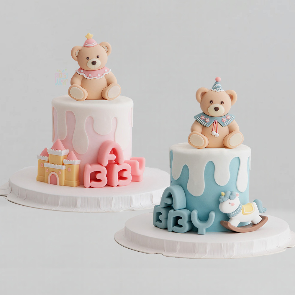 สีฟ้าสีชมพูหมีธีมตกแต่งเค้กปราสาทจดหมายเด็กเค้ก ท็อปเปอร์ หมีงานเลี้ยงวันเกิดเค้กชน