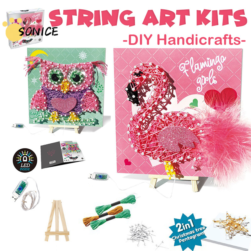String Art Kit ต้นไม้ Flamingo String Art Craft กล่องไม้ป้าย Make Your Own Art Board ขาตั้ง Pins และ