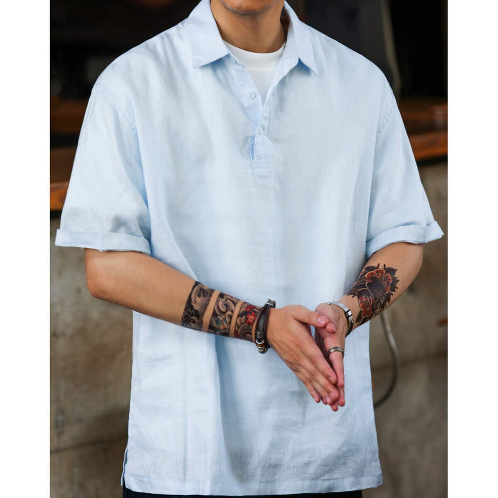 Wuluwear American Casual 100% ผ้าลินินแขนสั้นเสื้อโปโลผู้ชายหลวม Breathable หลวมรู้สึกครึ่งเปิด TEE