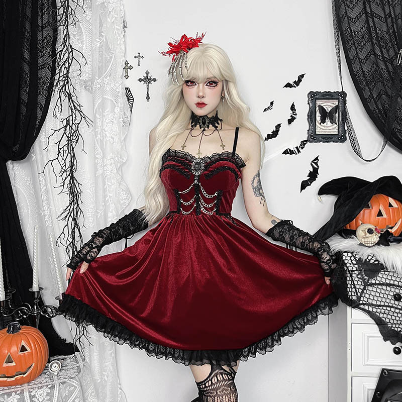 ชุดเครื่องแต่งกาย Dark Chain ลูกไม้ A-spoke สไตล์มืด เหมาะสำหรับเทศกาล Halloween และ Christmas