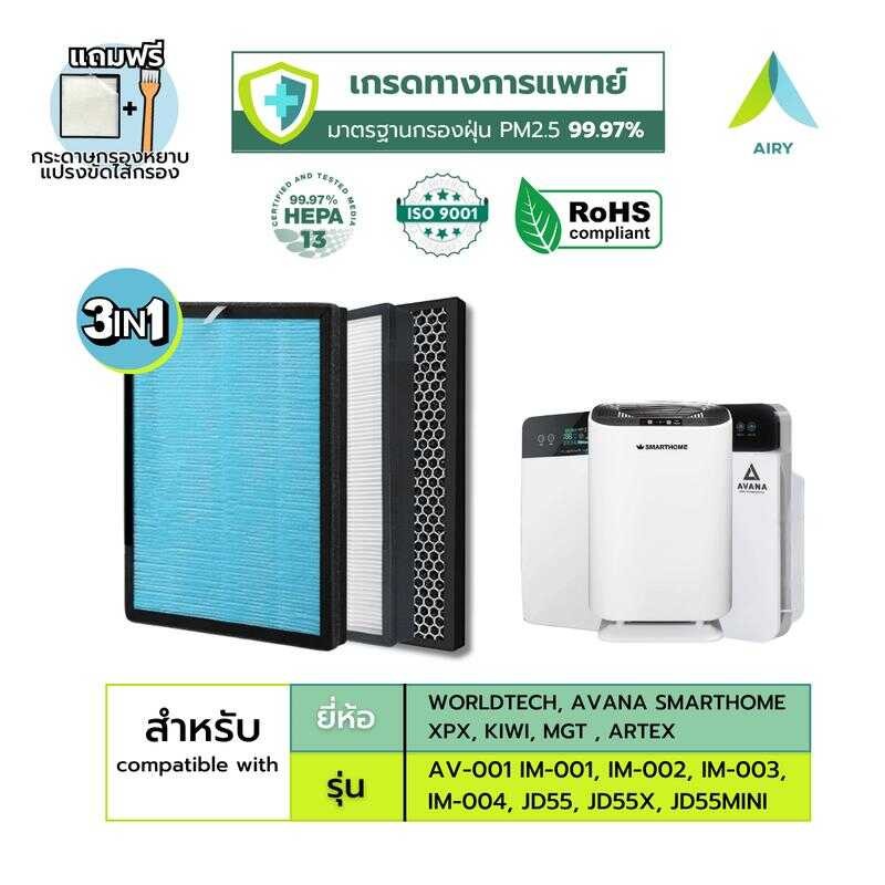 AIRY ไส้กรองอากาศ ไส้กรอง HEPA H13 เกรดแพทย์ แบบ 3-In-1 สำหรับ Worldtech, AVANA SMARTHOME , ARTEX รุ