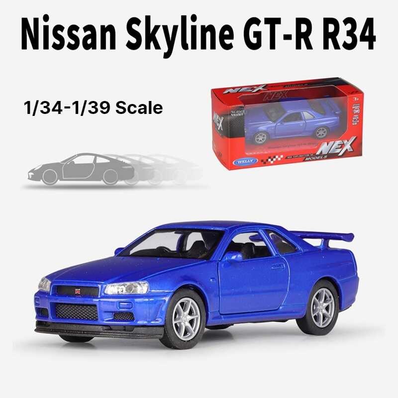 Welly Welly โลหะผสม 1: 36 โมเดลรถของเล่น Nissan Skyline GTR R34 รถสปอร์ตดึงกลับรถสามารถเปิดประตู
