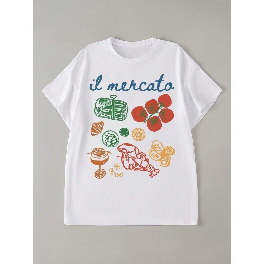 Papaya Studio เสื้อยืดโอเวอร์ไซส์ลายผักสดสไตล์อิตาลี il mercato วินเทจเกาหลี เสื้อแฟชั่นน่ารัก ใส่เ