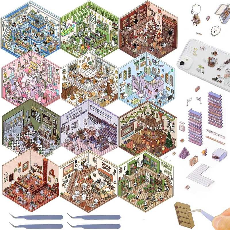 C 12 Set DIY 3D House Scene Stickers, Fun DIY 3D Sticker Scene Make Your Ownroom Coffee Shop Ermark