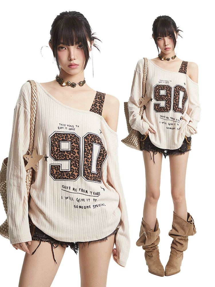 เสื้อยืดแขนยาวสำหรับผู้หญิง ลายพิมพ์เสือดาว ทรงเฉียงไหล่ สไตล์ใหม่ เหมาะสมในฤดูใบไม้ร่วง