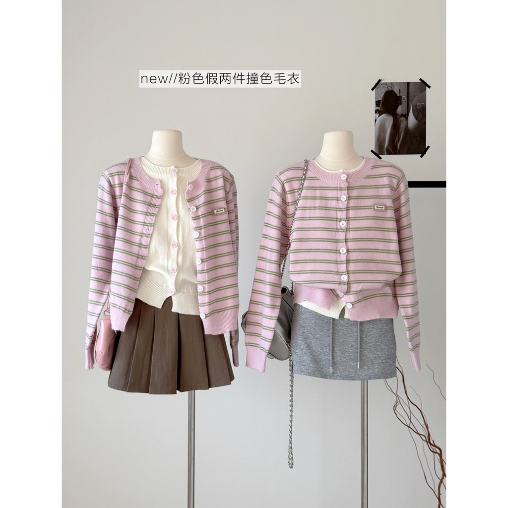 เสื้อคาร์ดิแกนไหมพรม ลายทาง สีชมพู (พร้อมใส่) 93993