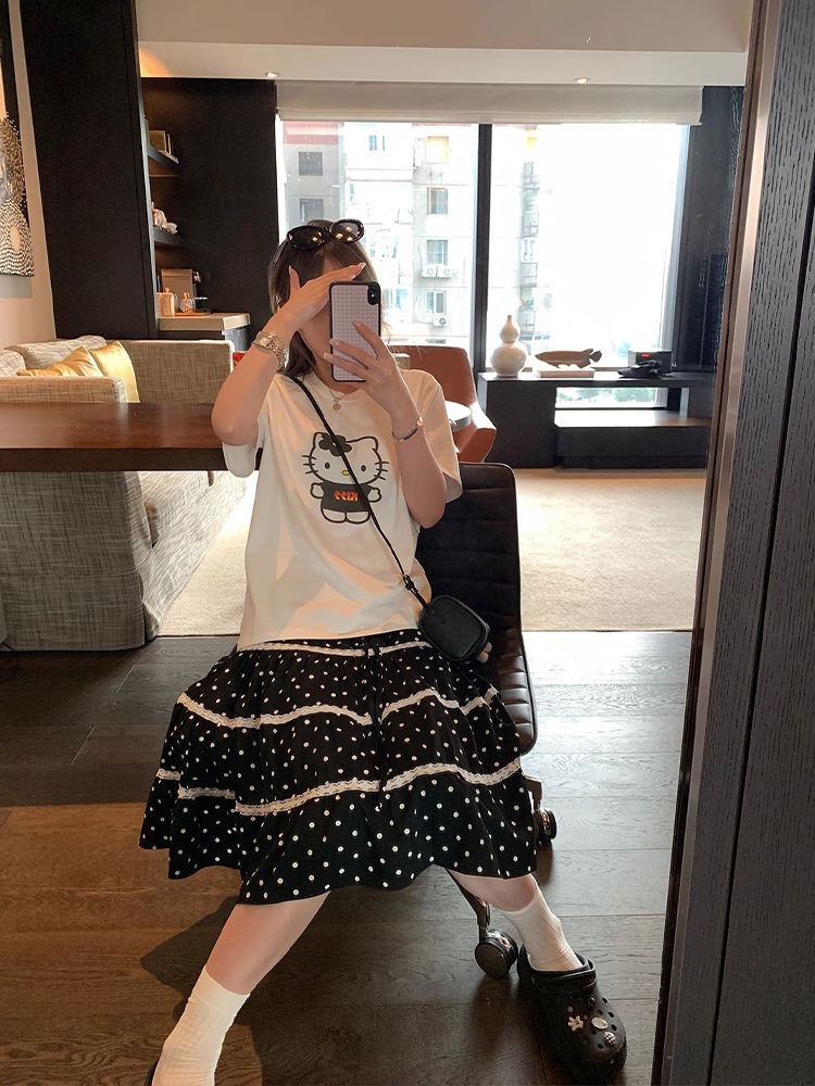 ลูกไม้ Polka Dot a-Line กระโปรงเค้กผู้หญิงบางหวานสบายๆกระโปรงสีดําผู้หญิงฤดูร้อน