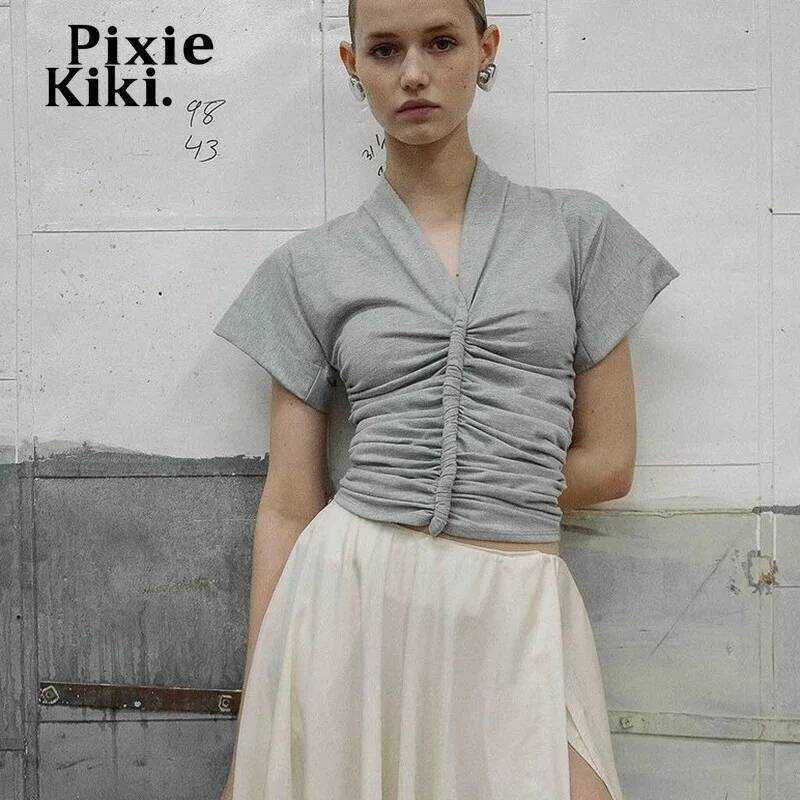 ▥ ekiki V คอสั้นแขนเสื้อ T สีทึบเสื้อลําลองฤดูร้อนสําหรับเสื้อผ้าผู้หญิง P85-Cz20